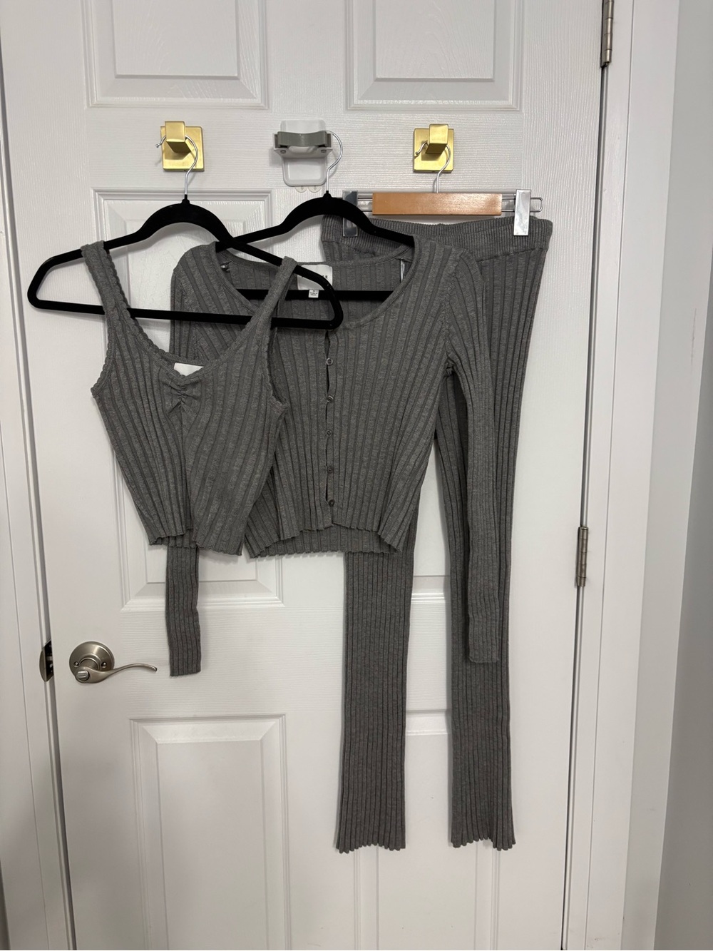 Pink Rose Ribbed Knit Two-Piece Set - Gray Women's Pants & Top #1442